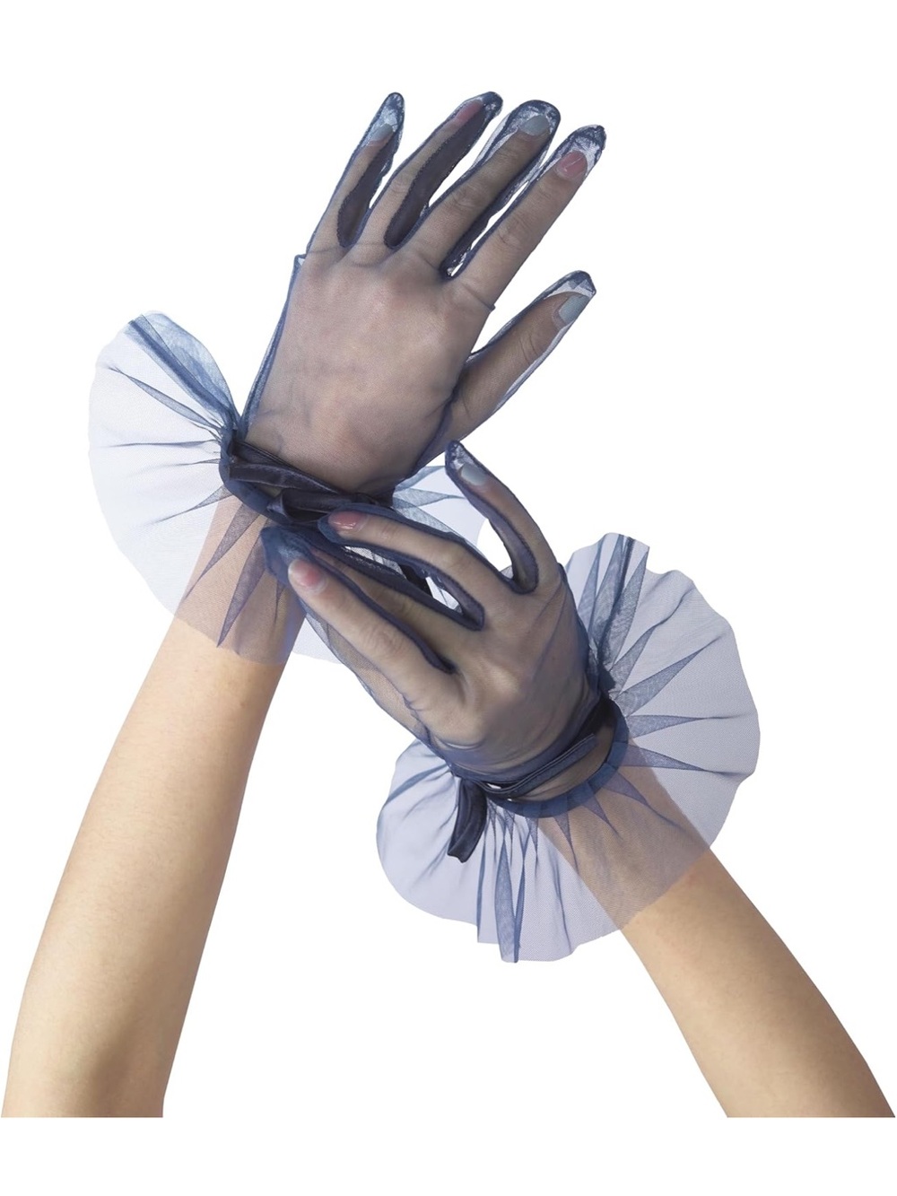 Mesh Ruffle Tea Party Formal Event Gloves Navy Blue NWT